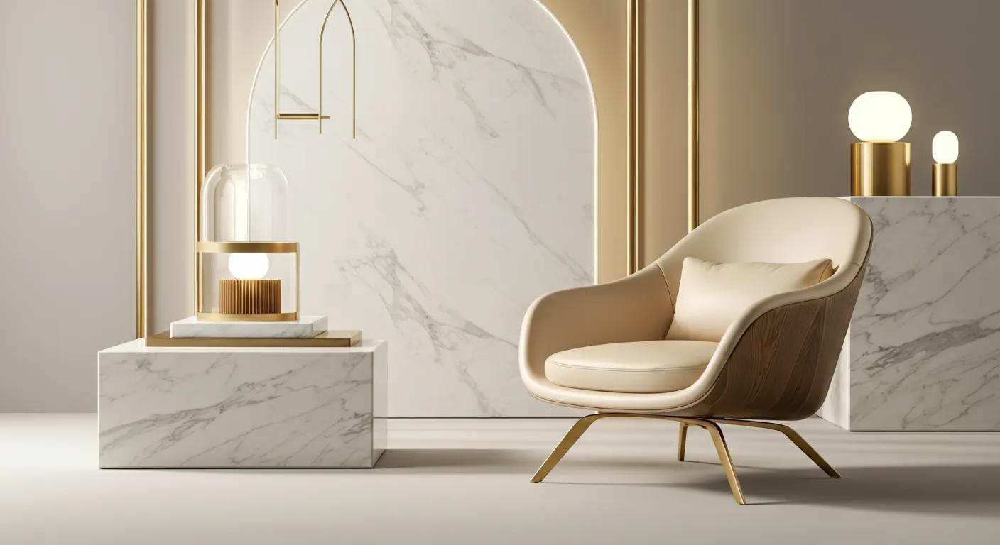 Mermer detaylarla dekore edilmiş modern bir iç mekânda lüks bej koltuk